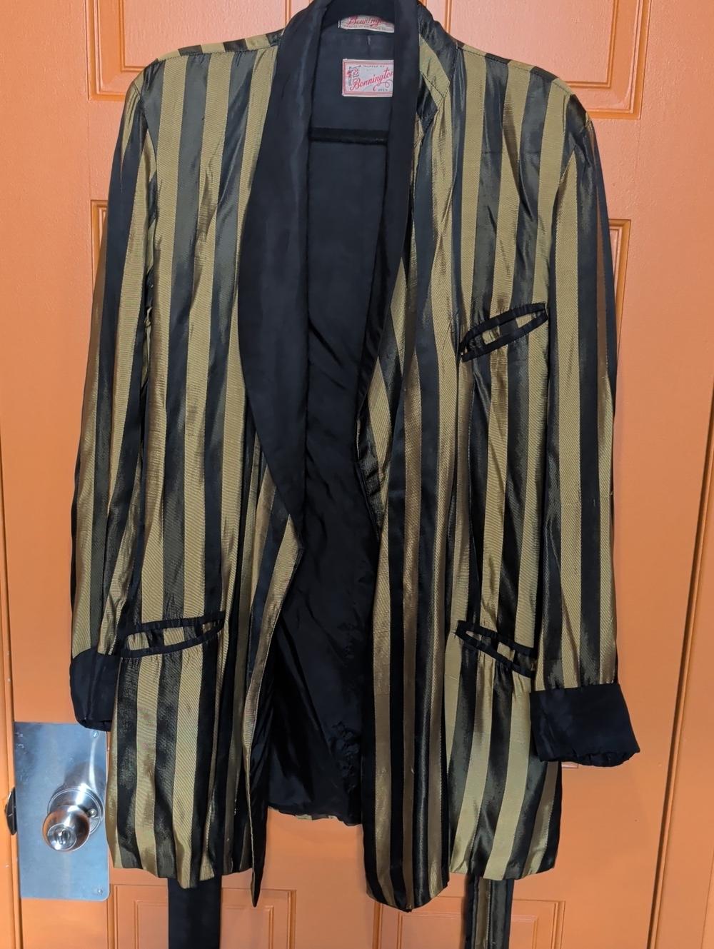 Vintage Striped Satin Robe / Smoking Jacket - Black & Gold